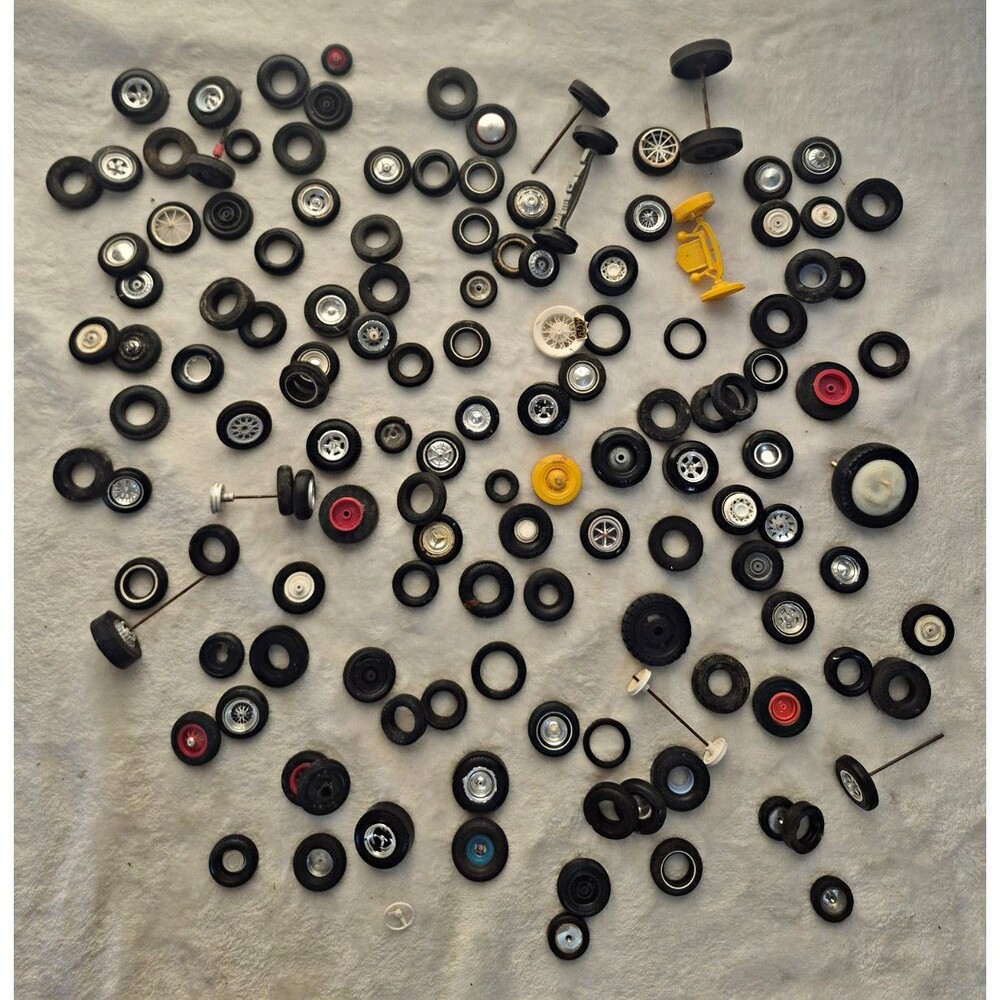Mixed Lot Toy Vehicle Wheels & Tires w/ Some Axles, Various Sizes/Colors